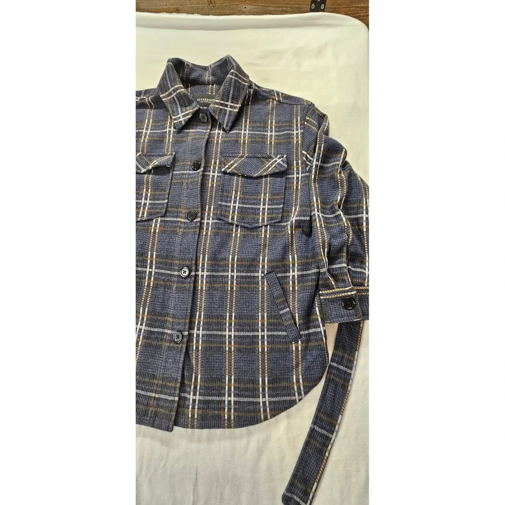 Liverpool Los Angeles Womens Navy Blue‎ Plaid Belted Shacket Jacket Small